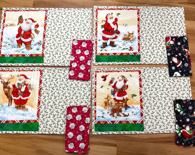 Holiday Santa placemats reversible with bells on other side set of 4 with napkins