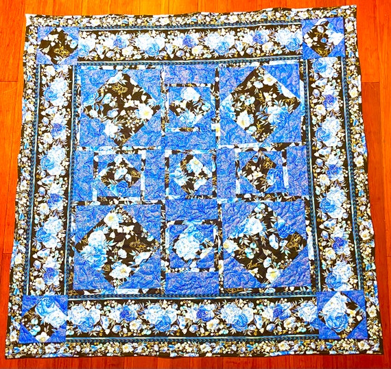Quilt “Royal Plumes” floral with gold accents multiple blue and teal colors with custom designed homemade 58” x 58”