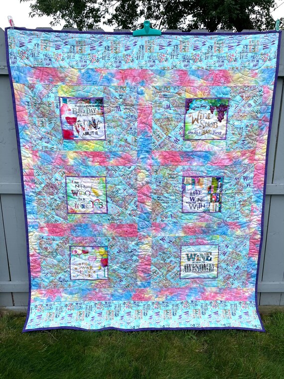 Quilt “Wine about it” purple back, custom designed homemade 61” x 75”