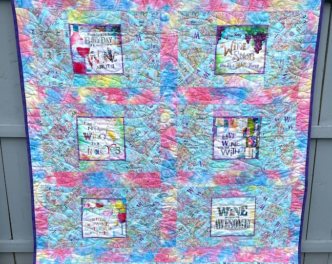 Quilt “Wine about it” purple back, custom designed homemade 61” x 75”