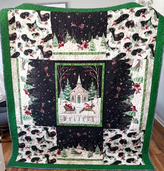Believe in the magic of Christmas 74” x 80” patterns of holly and swirls embroidery