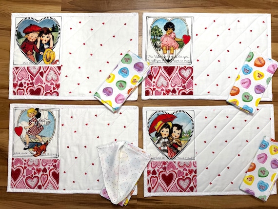 Valentines Day Placemats 13” x 19” with Napkins 16”, Set of 4