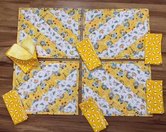 Gnomes, Bees  Placemats and Napkins Set: Quilted Table Linens with 4 placemats and 6 napkins