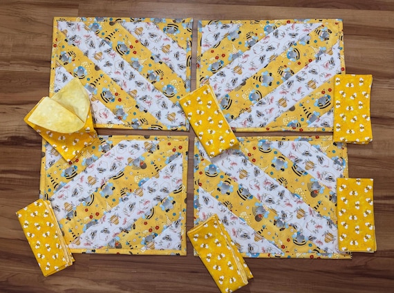 Gnomes, Bees  Placemats and Napkins Set: Quilted Table Linens with 4 placemats and 6 napkins