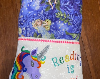 Unicorn reading pillow 4” x 11” x 16” pocket for book, great travel pillow se of 2