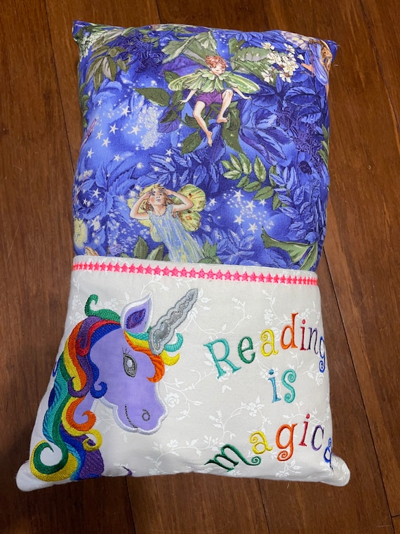 Unicorn reading pillow 4” x 11” x 16” pocket for book, great travel pillow se of 2