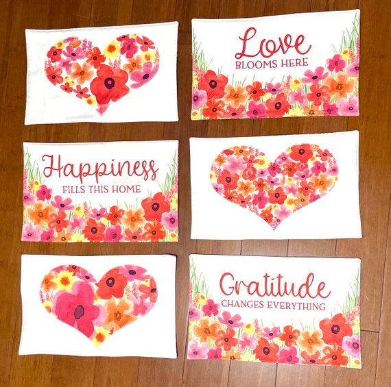 Floral Embroidered Placemat Set: Reversible Cotton Napkins, Valentine's Day Decor