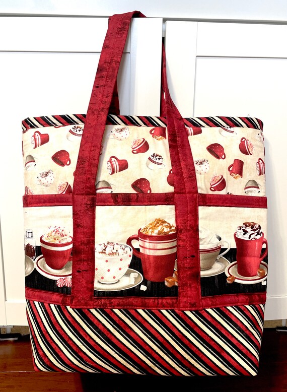 Hot cocoa padded bag for shopping, diaper bag, travel or beach with 6 outside pockets