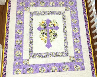 Cross Quilt: Purple & Yellow Cotton Fabric, Handmade 62” x 74”