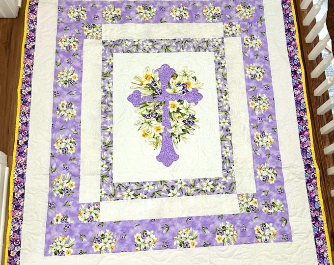Cross with beautiful Purples  and yellows quilt 62” x 74”
