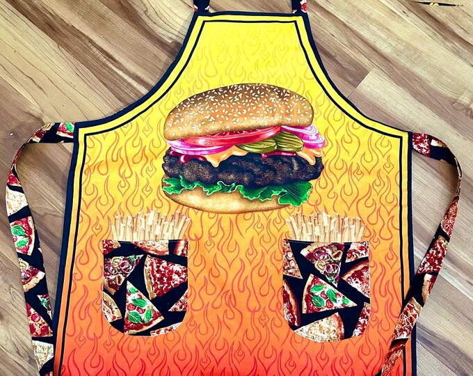 Aprons reversible with hamburger and pizza 2 different fabrics