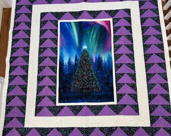 Christmas tree 64” x 68” machine quilted swirling and stars lightweight blanket, machine sewn border matching gift bag