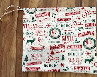 Santa Print Cotton Gift Bag: Reusable Christmas Shopping Tote