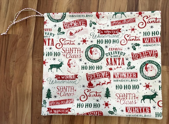 Santa Print Cotton Gift Bag: Reusable Christmas Shopping Tote