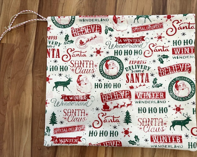 Santa Print Cotton Gift Bag: Reusable Christmas Shopping Tote
