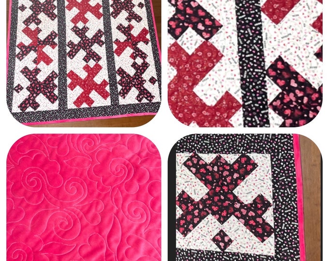 Mixed up Love quilt / wedding / pink minky back / homemade custom quilt 59” x 61”