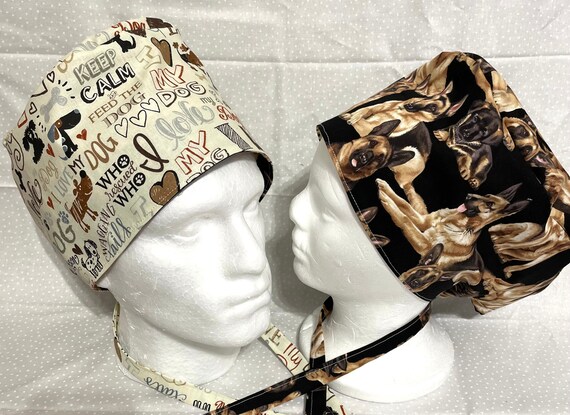 Surgical / Scrub cap Shepards 2 different themed on each cap / unisex / reversible with buttons extra