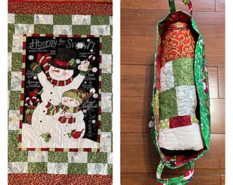 Snowman 42” x 54” machine quilted snowman theme, lightweight blanket, red border hand sewn and fabric basket