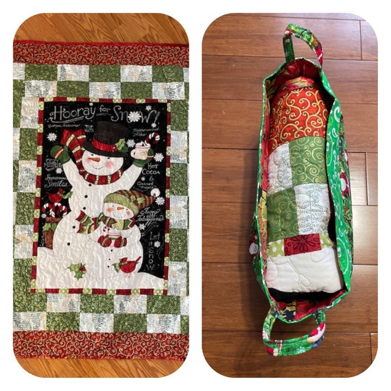 Snowman 42” x 54” machine quilted snowman theme, lightweight blanket, red border hand sewn and fabric basket