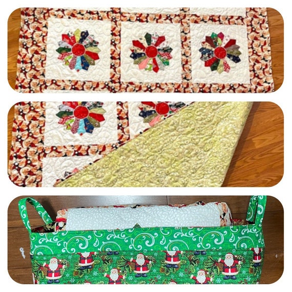 Christmas quilt custom design “Santa All Around” / 54” x 68” machine quilted swirling with gift cloth basket