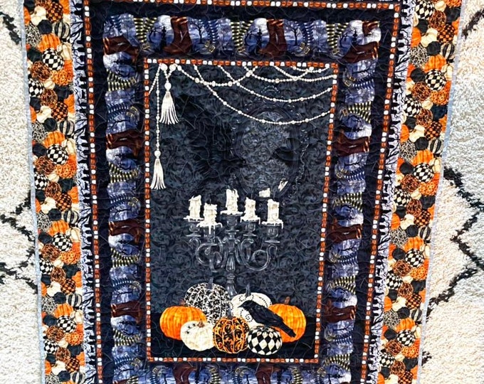 Homemade, custom, one of a kind Halloween Bats and pumpkins 54”x 68” lightweight quilted blanket