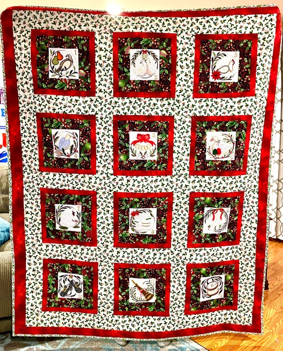 12 days of Christmas 58” x 78”machine appliqué, embroidery and quilted lightweight blanket, machine sewn border and free bag