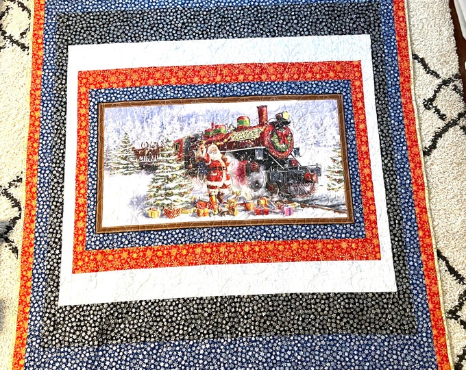 Santa’s Christmas train 66” x 78”machine quilted swirling lightweight blanket, machine sewn border