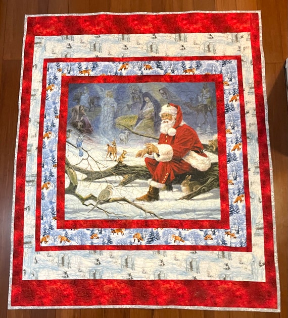 What Christmas is all about custom quilt 55” x 67” machine quilted swirling and snow flakes lightweight blanket, machine sewn border