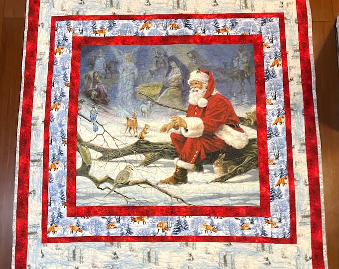 What Christmas is all about custom quilt 55” x 67” machine quilted swirling and snow flakes lightweight blanket, machine sewn border