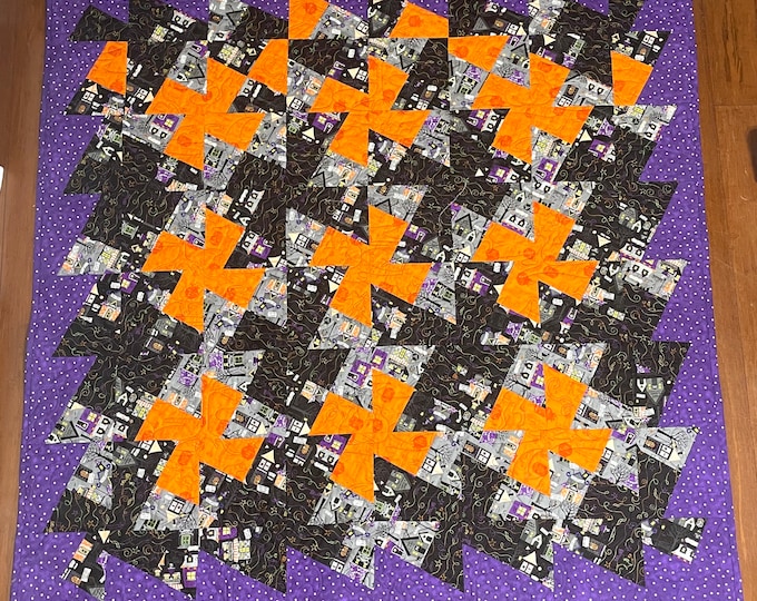 Halloween Twisters and pumpkins 60” x 60” lightweight homemade quilted blanket