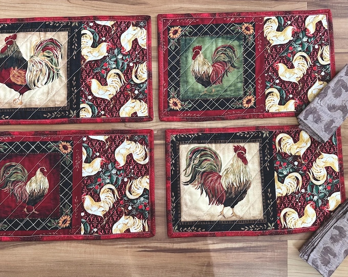 Chicken Placemats for everyday 11” x 18” Set of 4 and 4 double sided matching napkins