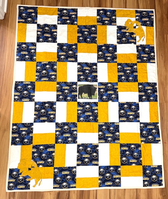 Buffalo Hockey Quilt: Handmade Cotton Throw with flannel back 51” x 62”