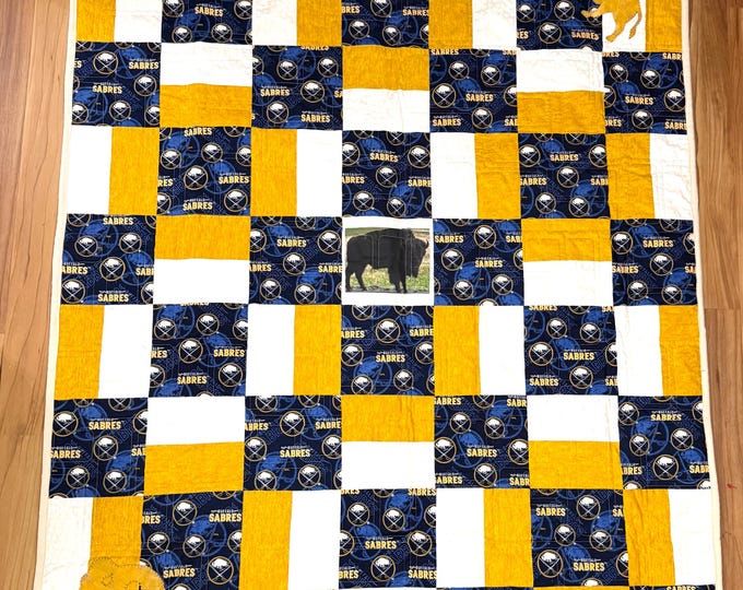 Buffalo Hockey Quilt: Handmade Cotton Throw with flannel back 51” x 62”