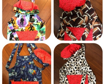 Children's aprons football, soccer, motorcycle, baseball, and monsters with hat and 2 mitts