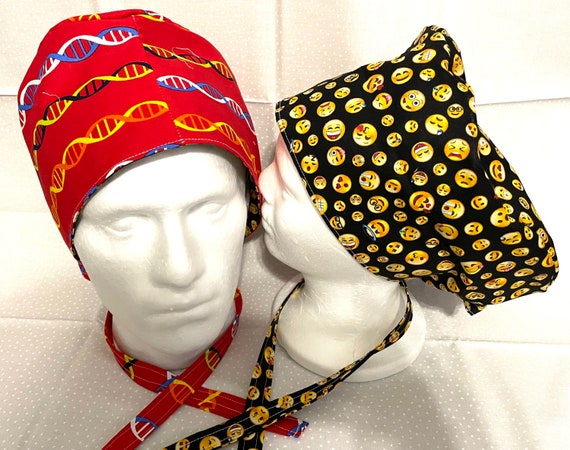 Surgical / Scrub cap 2 different themed / unisex / reversible with buttons extra