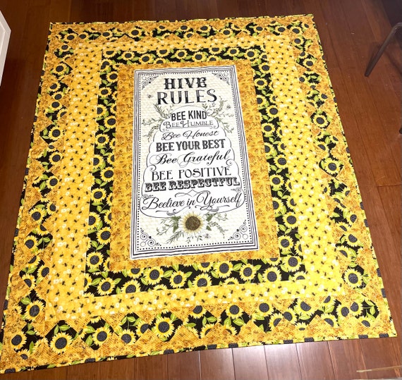 Quilt “ Bees Rules” matching flower design green back, custom designed homemade 62” x 72”