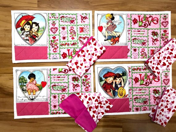 Valentines Day Placemats 11” x 17” with Napkins 16”, Set of 4