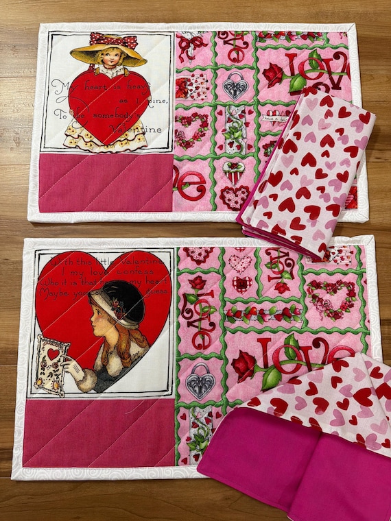 Valentines Day Placemats 11” x 17”  with Napkins 16”, Set of 2