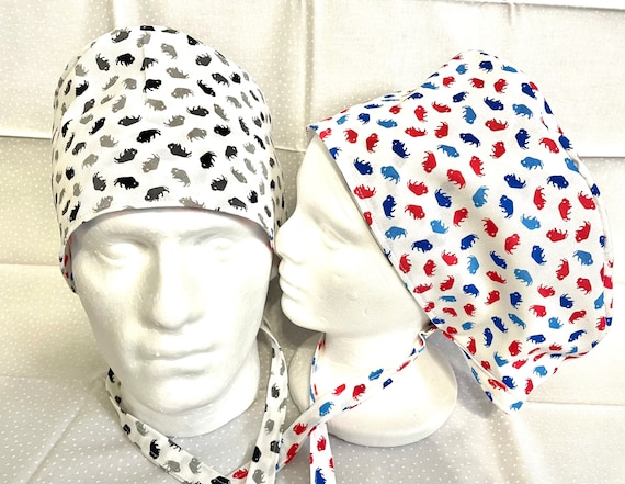 Surgical / Scrub cap 2 different themed / unisex / reversible with buttons extra