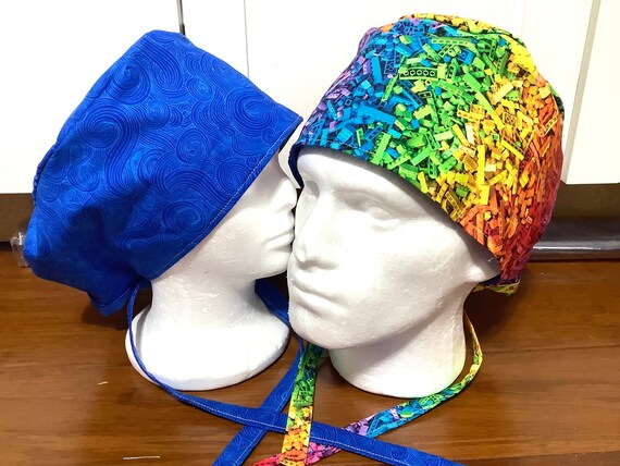 Surgical / Scrub cap Bricks and blue themed / unisex / reversible with buttons when requested