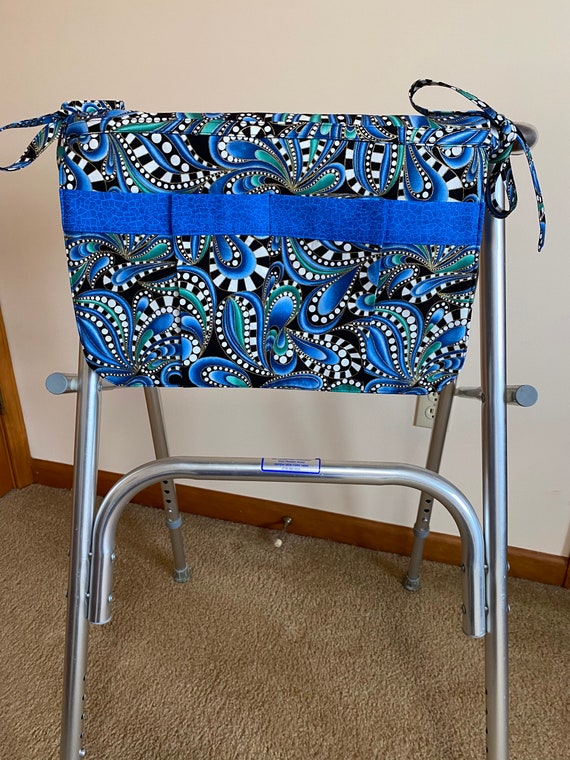 walkers or wheelchair carryall bag/blue and green paisley on black background. Last one in this fabric