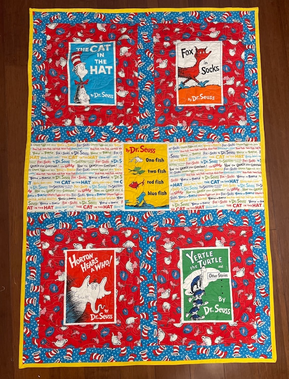 Twins gift Quilt “Books” blue back, custom designed homemade 36” x 56” set of 2