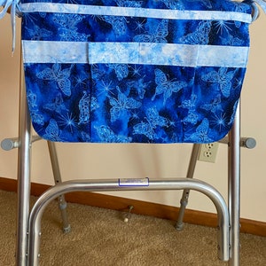 Walker bag or wheelchair carryall bag; butterflies on blue fabric