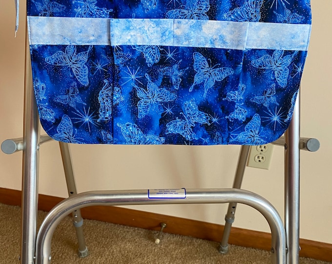 Walker bag or wheelchair carryall bag; butterflies on blue fabric