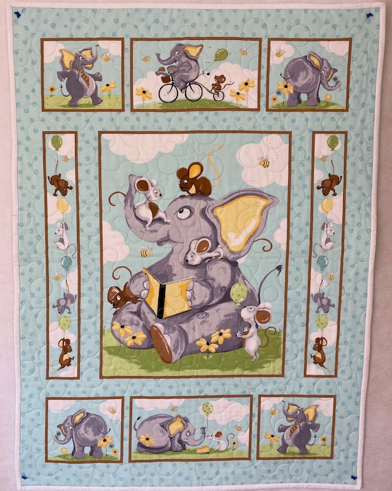 Elephant Baby Quilt: Cotton Play Blanket, Nursery Wall Hanging (32” x 42”)