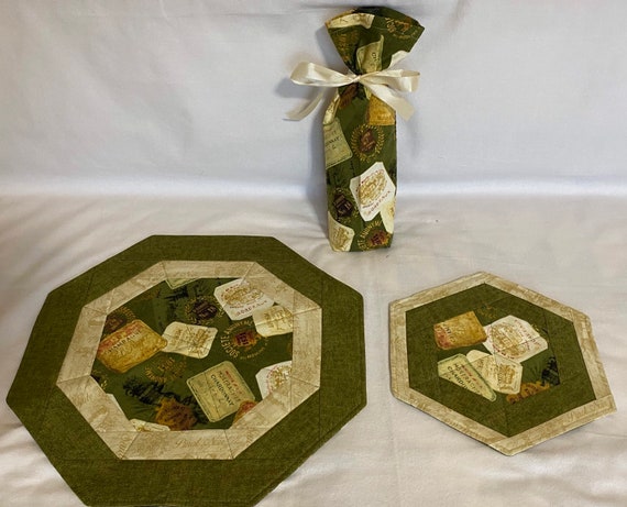 Gift set with 1 wine bag, one 10 inch hexagon table topper and one 15 inch table topper
