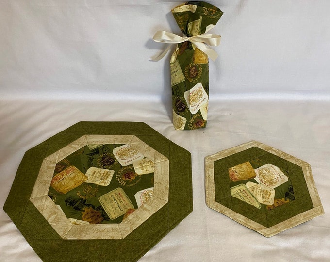 Table topper and wine bag. Gift set with 1 wine bag, one 10 inch hexagon table topper and one 15 inch table topper