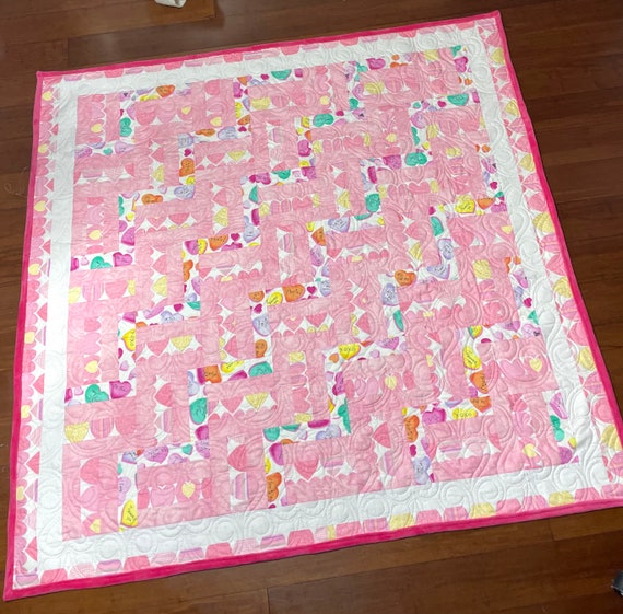 Homemade Love Day Quilt: Pink Candy Heart Minky Blanket (61” x 63”)
