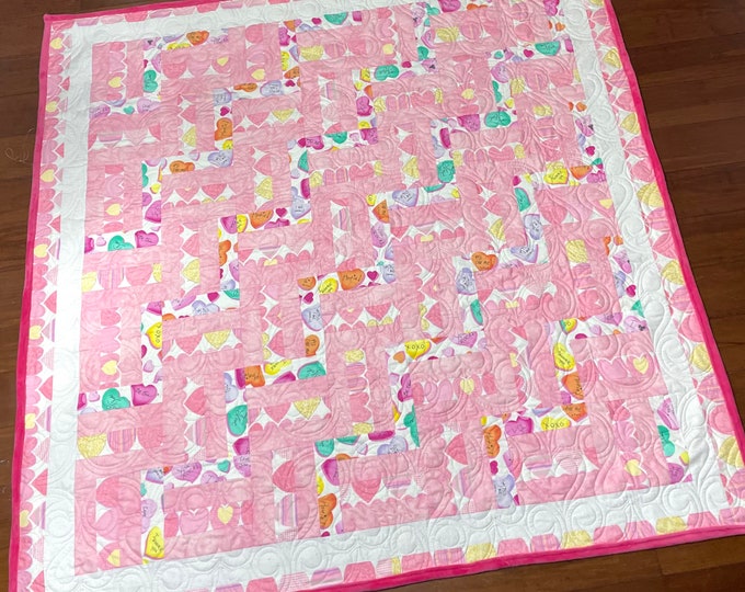 Love keeps you warm quilt / wedding / pink minky back / homemade custom quilt 61” x 63”