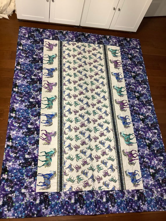 Horses running custom modern quilt 64” x 84”